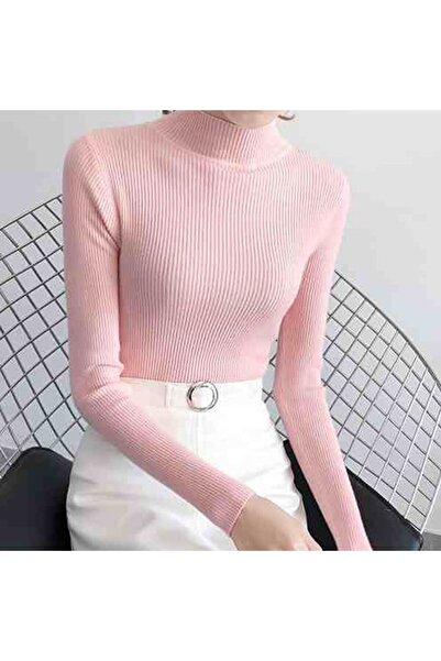 Choice One Size Pink Autumn Winter Mock Neck Women Sweater Vintage Basic Soli...