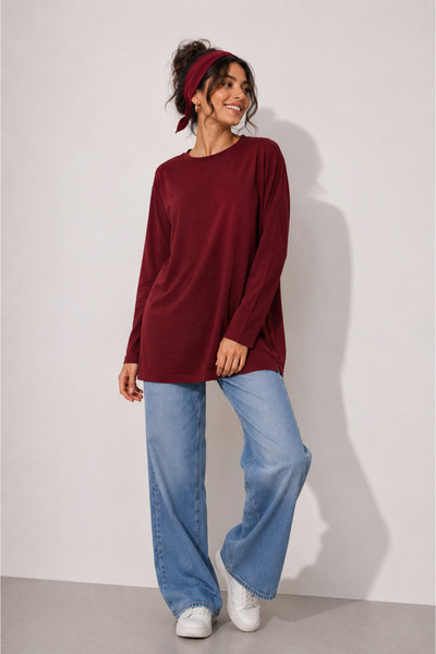 mirach Burgundy Pamuk Pamučni džersej Tunika Bluza | Dugorukav Ležerna Majica...