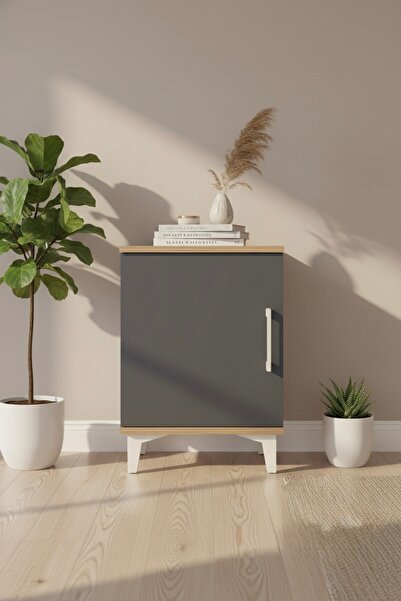 mobihobi Luna Komodin Çam-Antrasit Tek Kapaklı Raflı 44x44x64 Cm - Kare Komod...