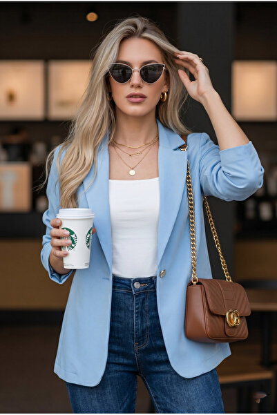 armonika Kadın Bebe Mavi Tek Düğmeli Blazer Ceket ARM-20K001020