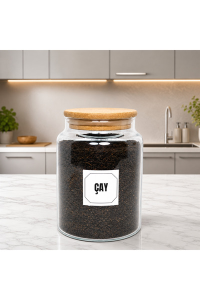 mafa home Ahşap Vakum Kapaklı Cam Saklama Kavanozu 800 Ml Çay Etiketi Hediyeli