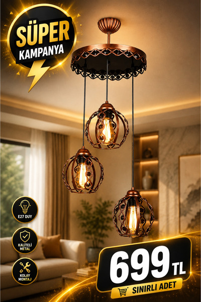 VENON Süper Modern Avize Mutfak Salon Sarkıt Avize Dönence 3 Lü Sarkıt Siyah ...