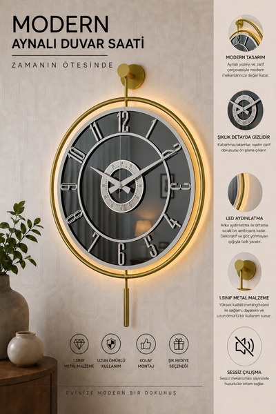 Pey Aksesuar Metal Camlı Duvar Saati 40x60 cm Işıklı Gerçek Cam Duvar Saati M...