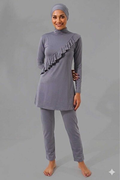 SUERTO Gray Long Sleeve Ruffled Knitted Stretchy Pants Hijab Swimsuit Set