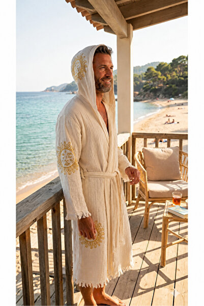AQUATOLIA MÜSLİN GÜLEN GÜNEŞ BORNOZ -Pamuklu- KAPŞONLU - Unisex Bornoz