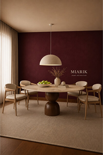 MIARIK DESIGN Yuvarlak Ahşap Bogum Ayak Traverten Tabla Mermer Yemek Masası