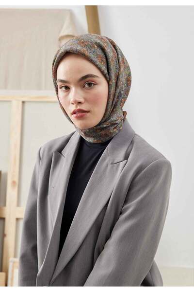 Freshscarfs Bloomıng Garden Pattern Cotton Silk Scarf Brown