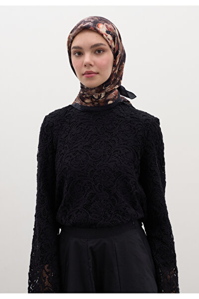 Freshscarfs Μαύρο κασκόλ από βαμβάκι και βισκόζη με σχέδιο Madeleine
