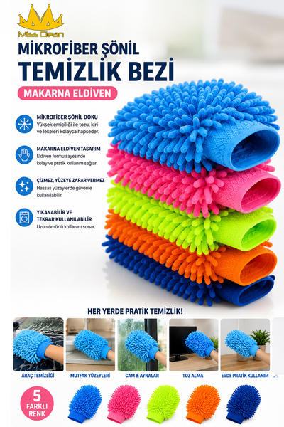 Miss Clean Mikrofiber Şönil Temizlik Bezi Makarna Eldiven