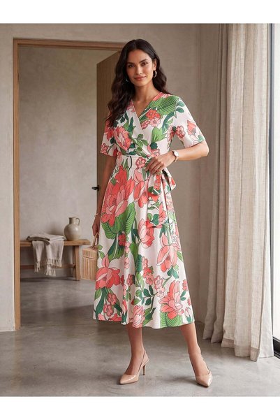 FARREN Women's Pink Floral Print Belted Midi Dress – Lunaria Fit |   Fluid Woven |   Elegant V-Neck