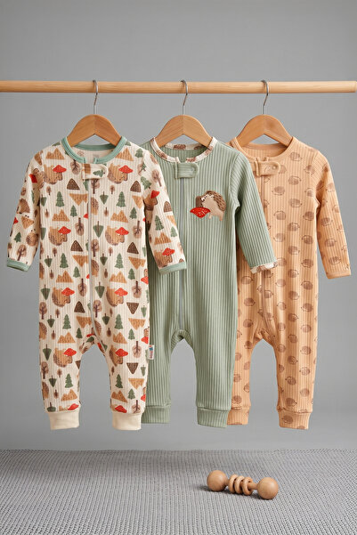 MIDIRIK ÇELEBİ bebe 3'lü Unisex Orman Temalı Fermuarlı Bebek Tulum Paketi - %...