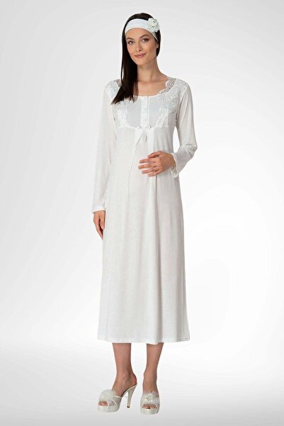 By Mecit Pijama Mecit 5343 Dantelli Ekru Hamile Lohusa Gecelik