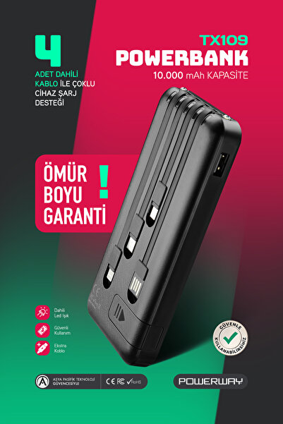 POWERWAY Orjinal 10.000 mAh Kendinden Kablolu ve Telefon Standlı Şarj Gösterg...