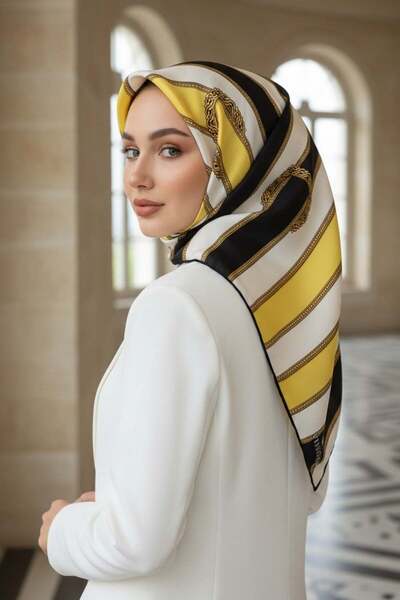 100% Twill Silk Belt Pattern Black - Lemon Yellow Color 90x90 Scarf Sewing Shape : Hand Sewing