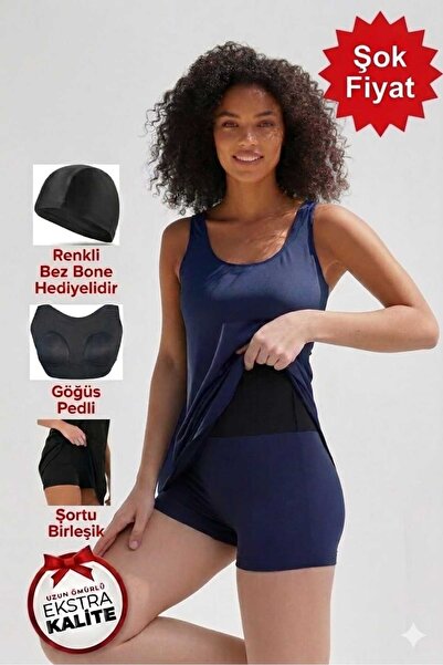 SUERTO Dark Blue Women's Lycra Shorts One-Piece Combined Dress Swimsuit