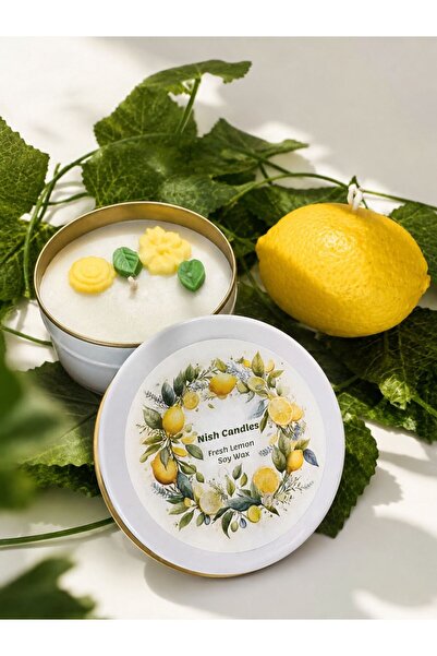 Nish Candles Bahar Esintili Limon Kokulu 2'li Set, Metal Kutu İçinde Soya Mum...