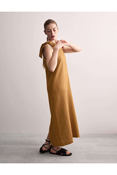 Marks & Spencer %100 Keten Kare Yaka Midi Elbise
