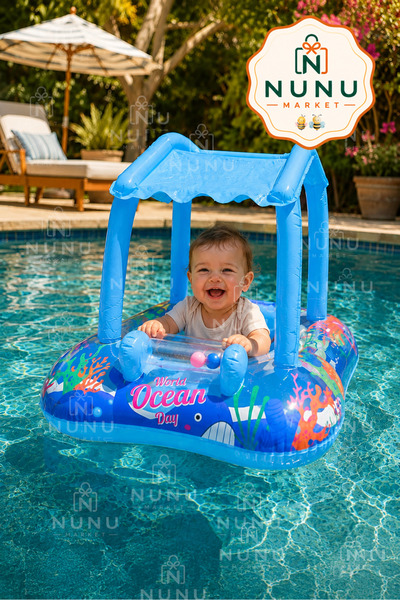 NUNU Gölgelikli Bebek Deniz Simidi Oturaklı Baby Float UV Korumalı – Mavi / P...