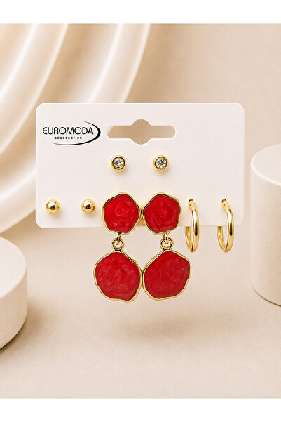 EUROMODA Gold Yuvarlak Kırmızı Mineli Vidalı 4'lü Küpe Seti