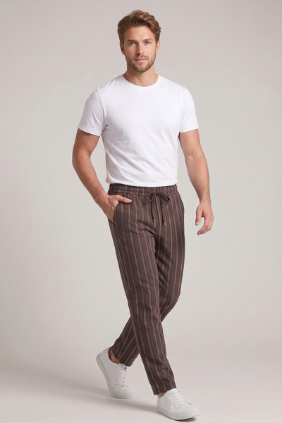 OBJE Men's Brown Striped Printed Combed Cotton Modal Pajama Bottoms