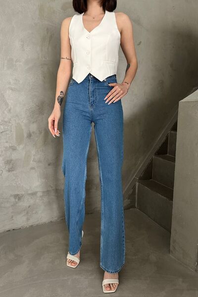 XRAY JEANS Γυναικείο ψηλό φαρδύ βαμβακερό μπλε τζιν παντελόνι