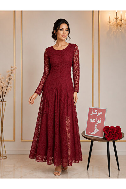 NAWAEIM Burgundy Lace Maxi Evening Gown Dress Lined Lace Dress Women Classic ...