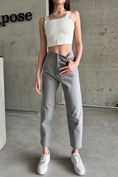 XRAY JEANS Γυναικείο ψηλόμεσο ελαστικό φαρδύ φαρδύ γκρι τζιν παντελόνι