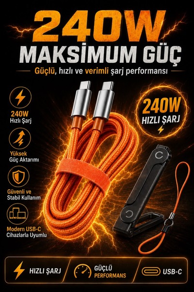 Albitmesin 240W Standlı Type-C to Type-C Hızlı Şarj Kablosu, Hasır Örgülü Telefon Standlı USB-C Şarj Kablosu Turuncu
