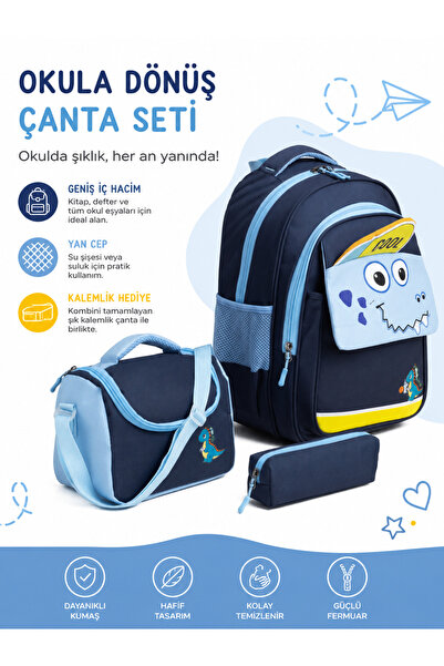 MİECZ BAGS Sevimli Dinazor Figürlü Kapaklı Modern Çok Bölmeli İlkokul Kız & E...