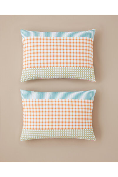 English Home Summer Grid Kolay Ütülenir 2'li Yastık Kılıfı 50x70 cm Turuncu
