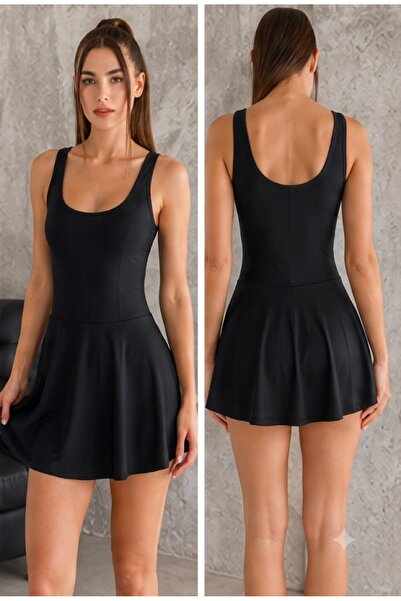 Newness Fashion Forwoard Likralı Birleşik Şortlu Göğüs Pedli Etekli Elbise Ma...