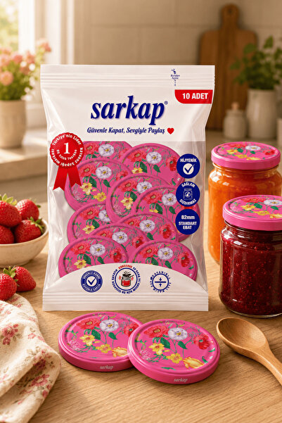 Sarkap Hijyenik Paketli 10 Adet Kavanoz Kapağı – Pembe Çiçekli - 82mm