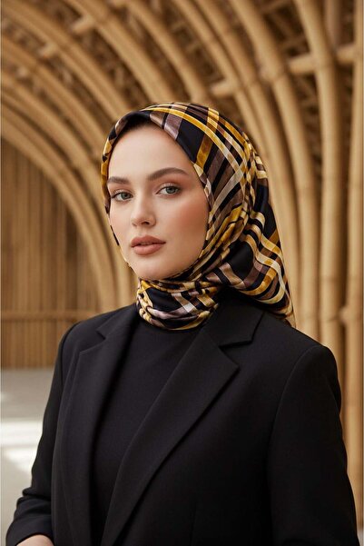 Vissona 100% حرير تويل منقوش بنمط أسود - ذهبي اللون 90x90 وشاح حافة الخياطة ش...