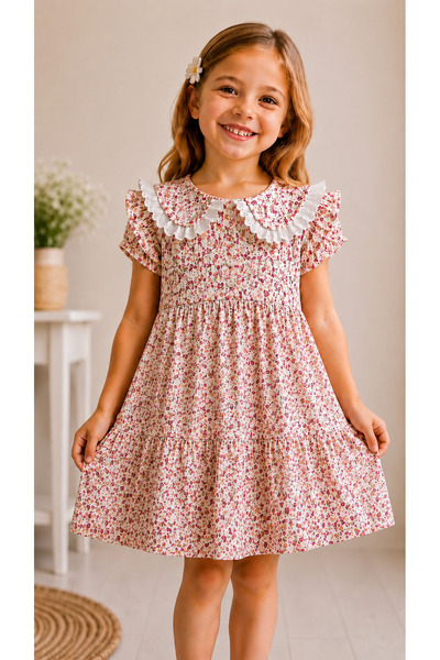 Kuzucuk Kids Bebek Çocuk Butik Bayramlık kız çocuk Çicekli Elbise 3-10 yaş