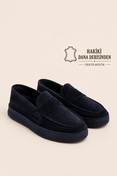 VARNAS Erkek Lacivert Süet Loafer Hakiki Dana Derisi İç Dış Deri Kauçuk Taban...