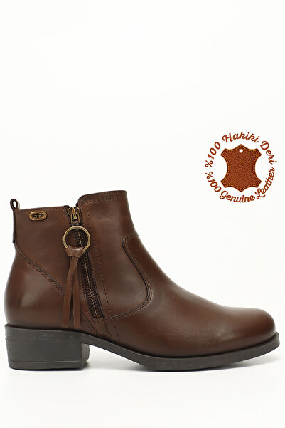 GÖNDERİ(R) Women/Girls Brown Antique Zippered Thick Heeled Genuine Leather Boots
