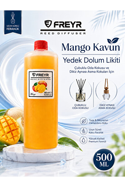 FREYR Oda ve Oto Kokusu Mango Kavun Seti 500 ml Yedek Dolum Likiti, 100 ml Çubuklu Oda Kokusu, 8 ml Dikiz Aynası Asma Araç Kokusu