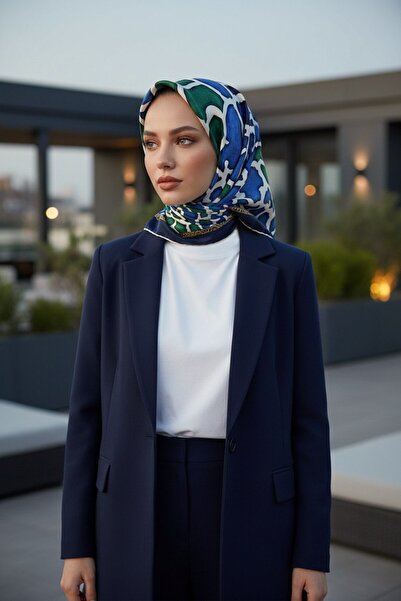 Vissona %100 Twill İpek Zürafa Desenli Saks - Zümrüt Yeşili Renkli 90x90 Eşar...