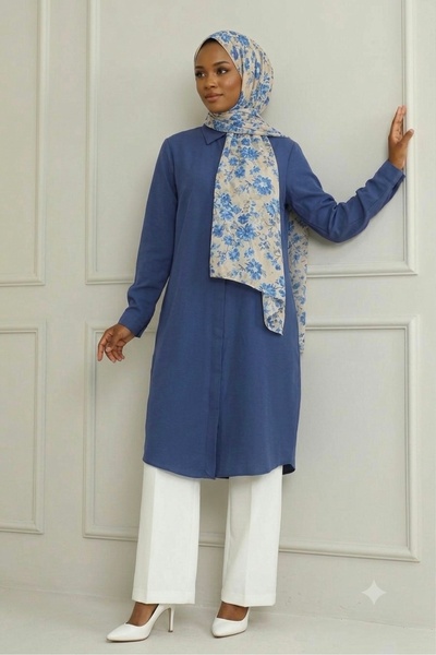 EnModa Women's Terrycotton Hidden Button Boyfriend Long Tunic Shirt & Hijab S...