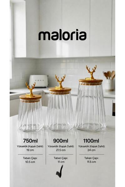 Maloria Bambu Gold Geyik Kapaklı Kristal Şeffaf Konik Çizgili Cam Kavanoz | 1...