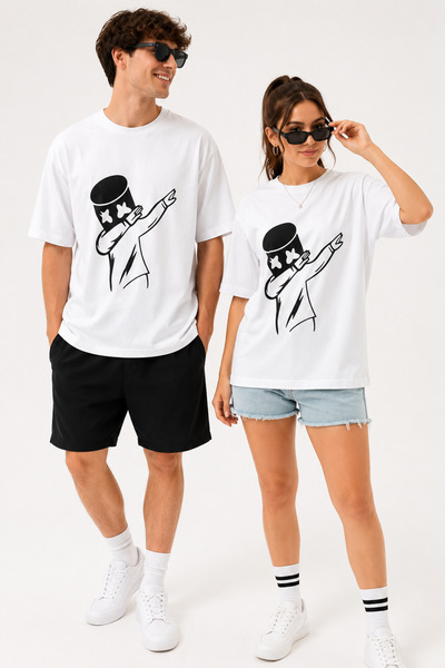 Luliana Marshmello Printed Unisex White Oversize Comfortable Fit Crew Neck Sh...