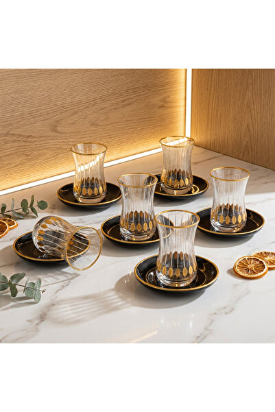 Generic Turkish Tea Set for 6 Persons with Glass Cups, Gold Designs and Black...