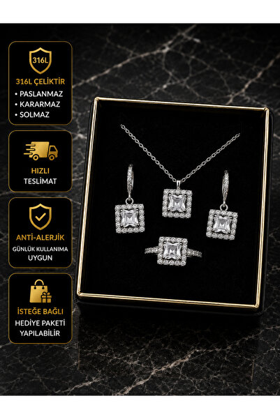 PURE BERRY 14K ALTIN-GÜMÜŞ KAPLAMA BAGET KOLYE-KÜPE-YÜZÜK SET