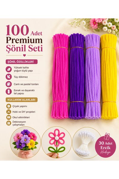 hyc heryerçiçeklenir Chenille Flower Making Set 100 Pieces (Eflattun, Deep Purple, a Purple, Yellow)