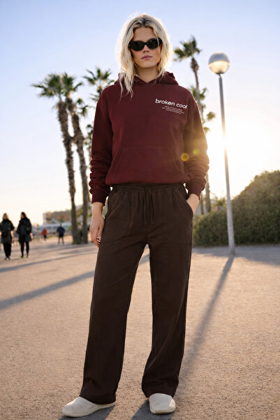 DAMGA JEANS Women's High Waist Elastic Brown Linen Trousers