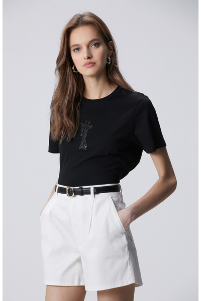 Network Siyah Taşlı Zürafa Figürlü T-shirt