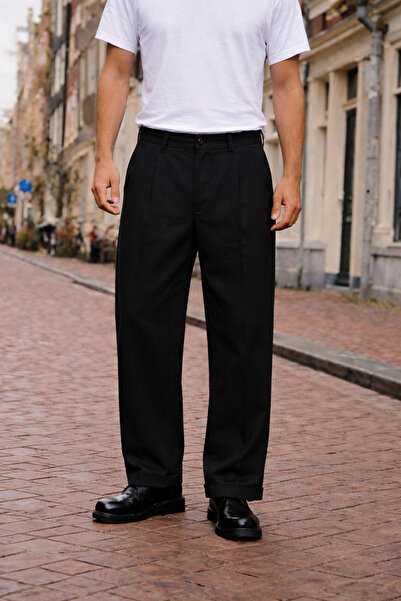 DAMGA JEANS Men's Daily Basic Cotton Black Fabric Trousers