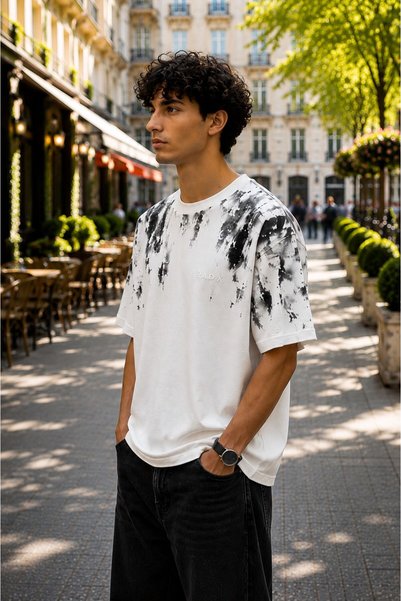 HZR wear تي شيرت رجالي منقوش برقبة دائرية كبيرة الحجم
