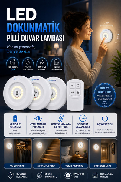 DEMPOWER Uzaktan Kumandalı 3 Lü Spot Led Lamba Kablosuz Pilli Işıldak