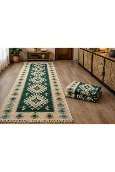 OEM Set 3 covoare tradiționale țesute, față-verso, dimensiuni 60x200 cm, verd...